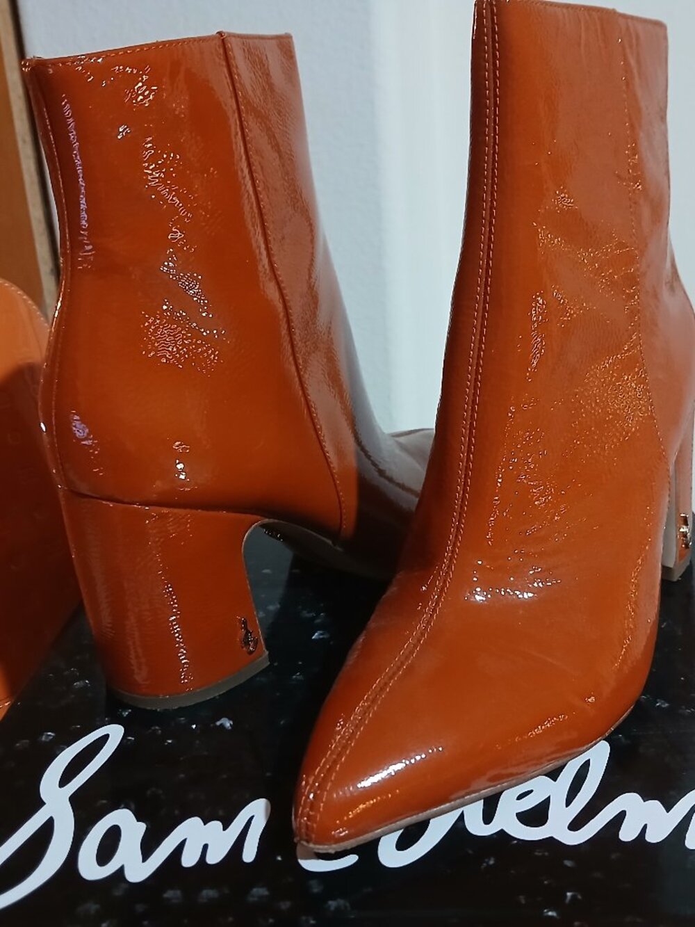 Sam Edelman 37.5 sz 7 US patent leather rust ankle boots, clean worn once